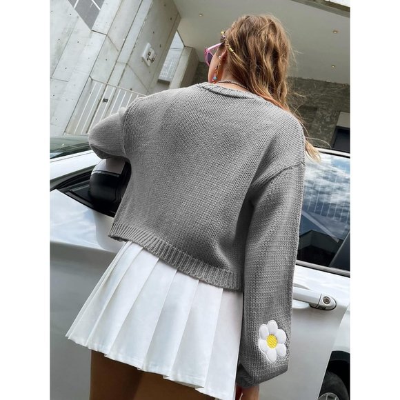 Womens Long Sleeve Open Front Flower Knit Cardigan Aesthetic Shrug Outfits - Picture 5 of 6